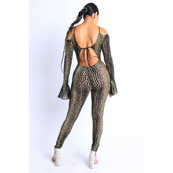 Women's Cheetah Flared Sleeve O-Ring Off Shoulder Jumpsuit Party Club Jumpsuit - Picture 4 of 10